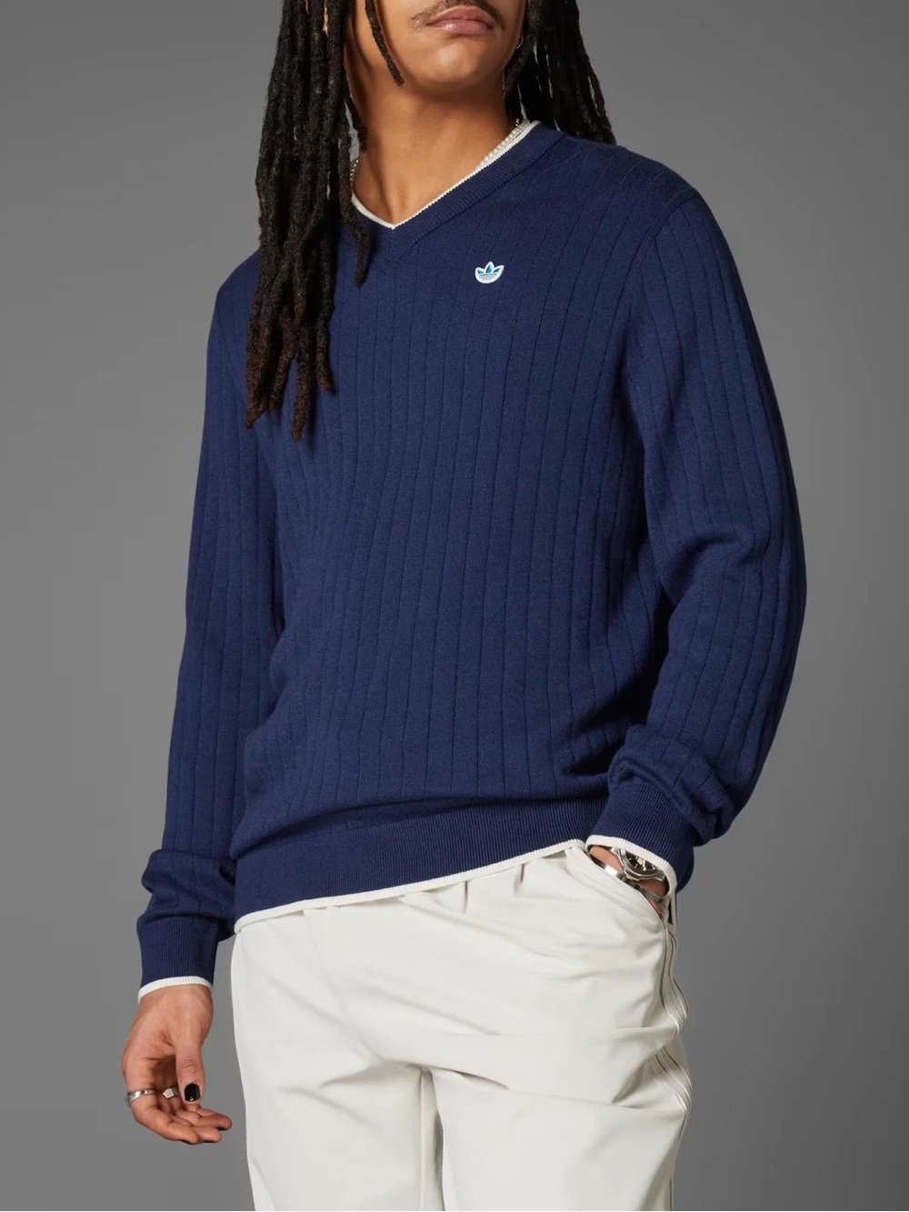 Adidas Originals Night Indigo Ribbed Cashmere Knit V-Neck Pullover Golf Sweater